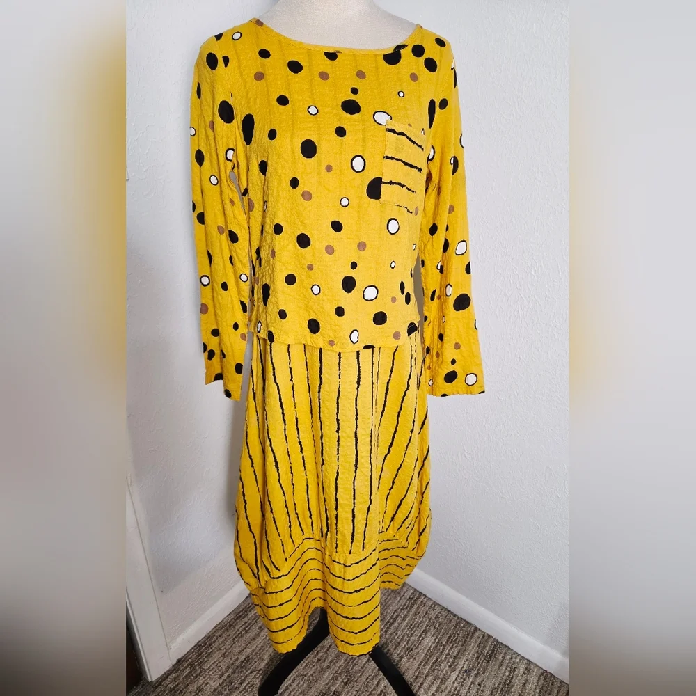 Yellow Long Sleeve Polka Dot & Stripe Midi Dress (fits like M)